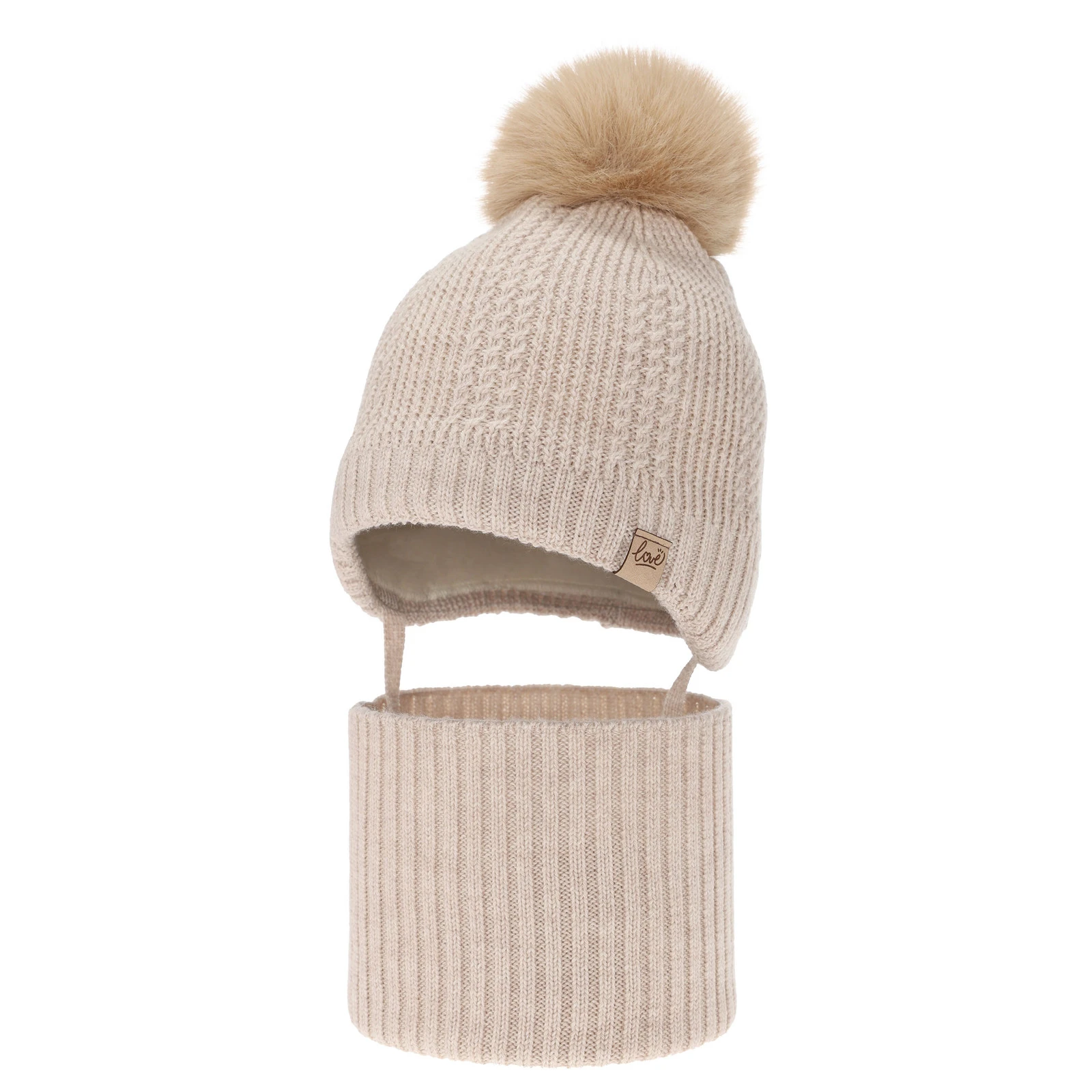 Czapka i komin dla dziewczynki zimowy komplet, beżowy 100% wełniany merino, podszyty wełnianym polarem, wiązany Danielle