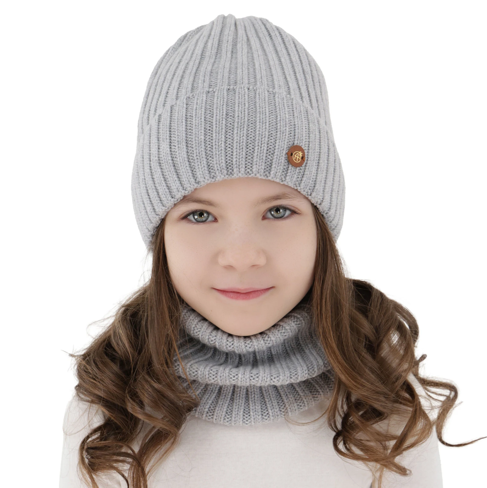 Czapka i komin dla dziewczynki zimowy komplet, szary, 100% wełniany merino, podszyty bawełną Vanira