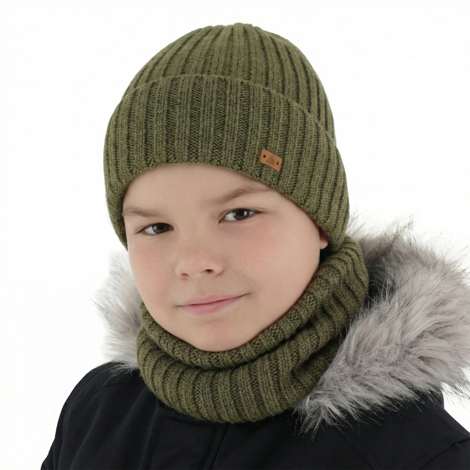 Czapka i komin dla chłopca, zimowy komplet, 100% wełniany merino, khaki Umberto