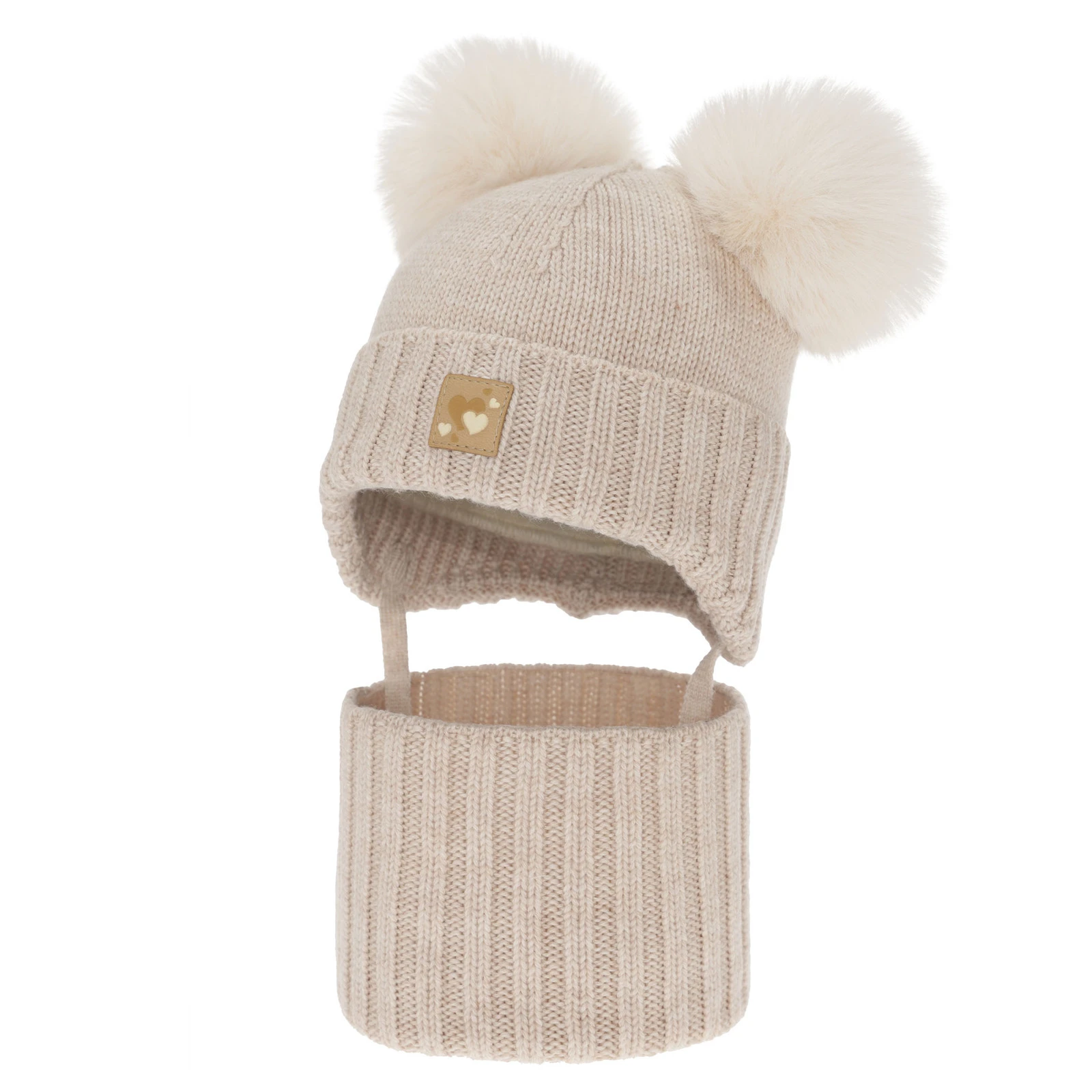 Czapka i komin dla dziewczynki, zimowy komplet, beżowy, 100% wełniany merino, podszyty polarem wełnianym, Ronia