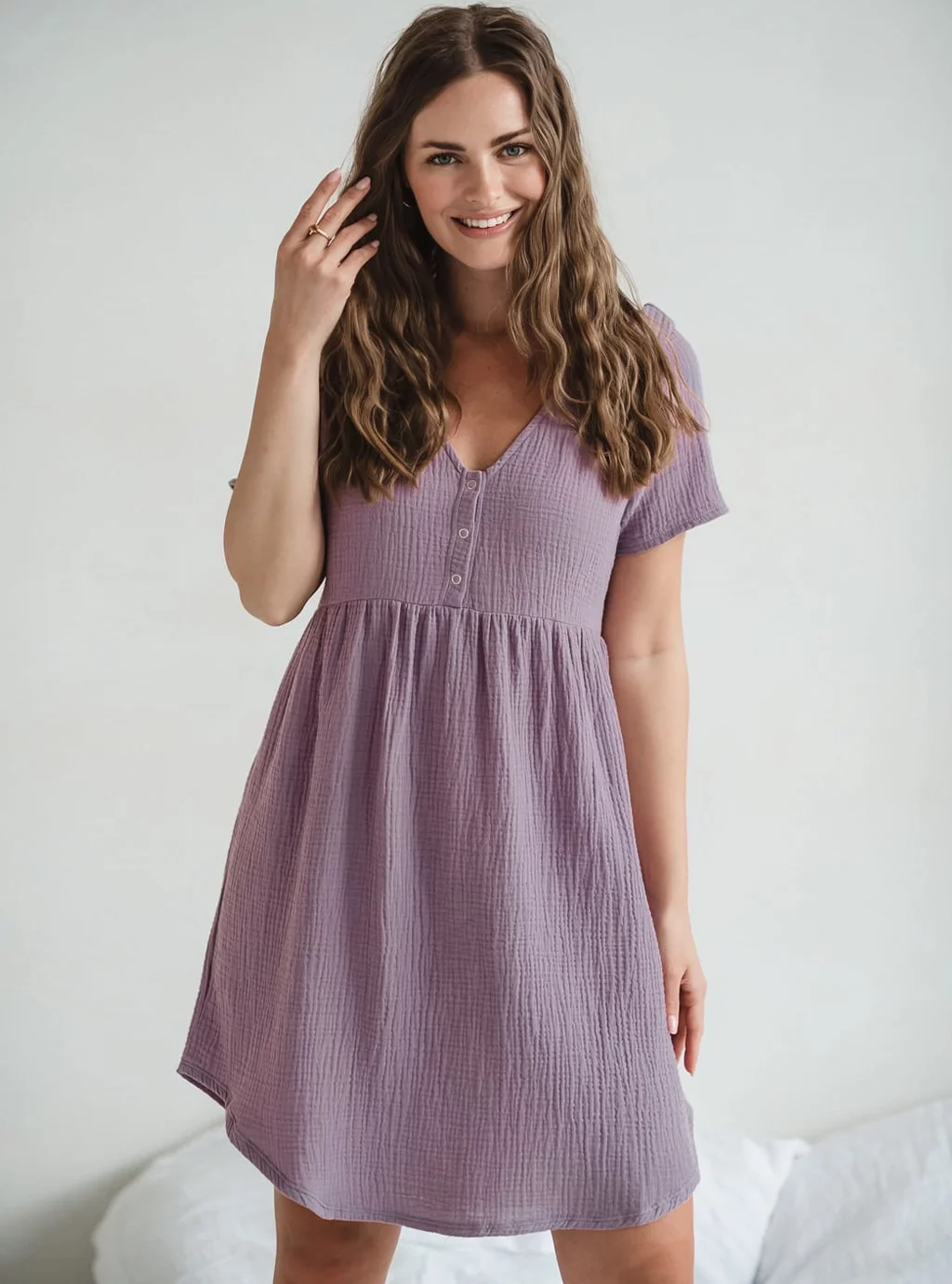 Bawełniana koszula nocna ciążowa do karmienia rozpinana Aurora lawendowa