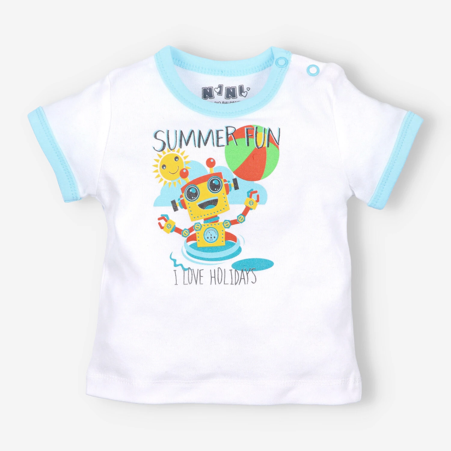 Biały t-shirt niemowlęcy SUMMER ROBOTS z bawełny organicznej dla chłopca