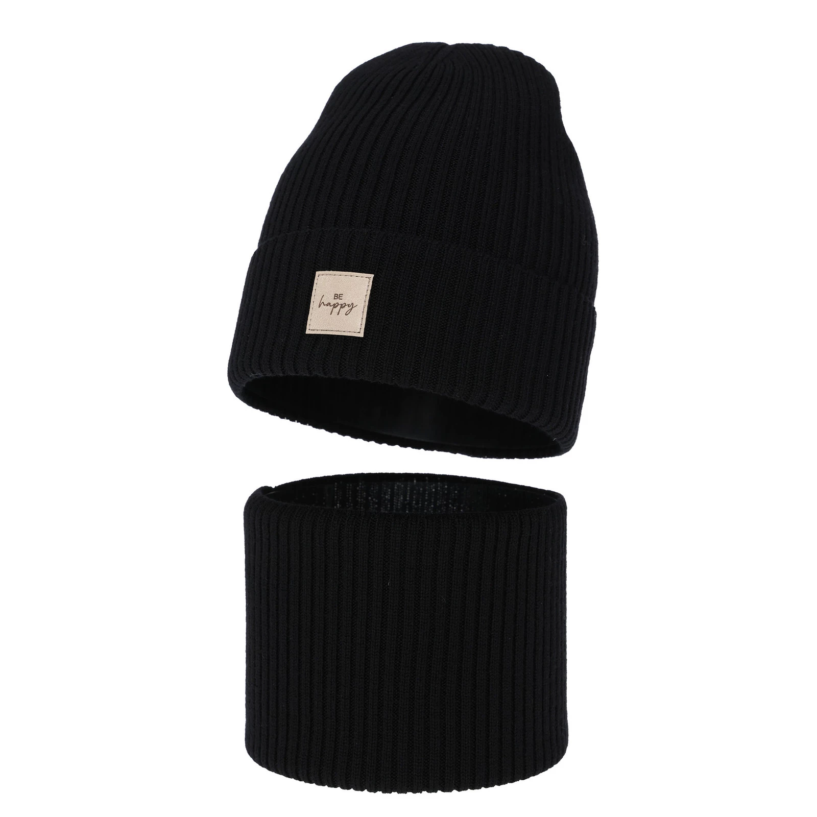 Czapka i komin dla dziewczynki, jesienny, wiosenny komplet, czarny, 100% wełniany merino, Vanita