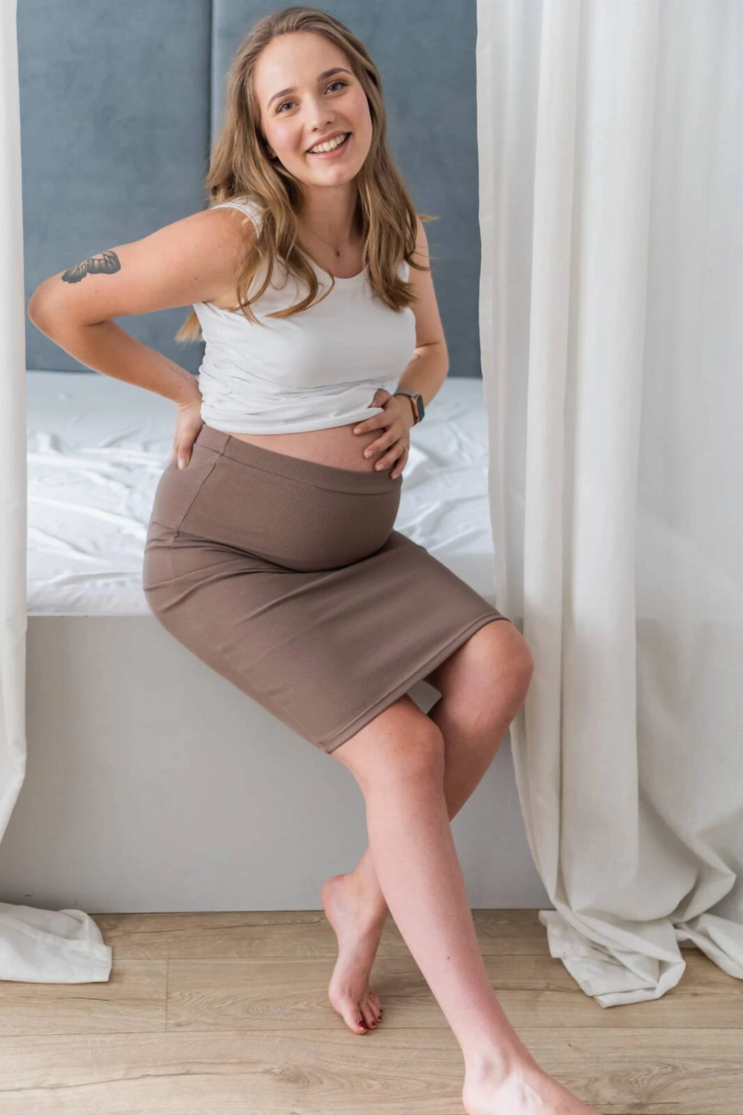 Spódnica ciążowa Tummy z dzianiny w prążek cappuccino