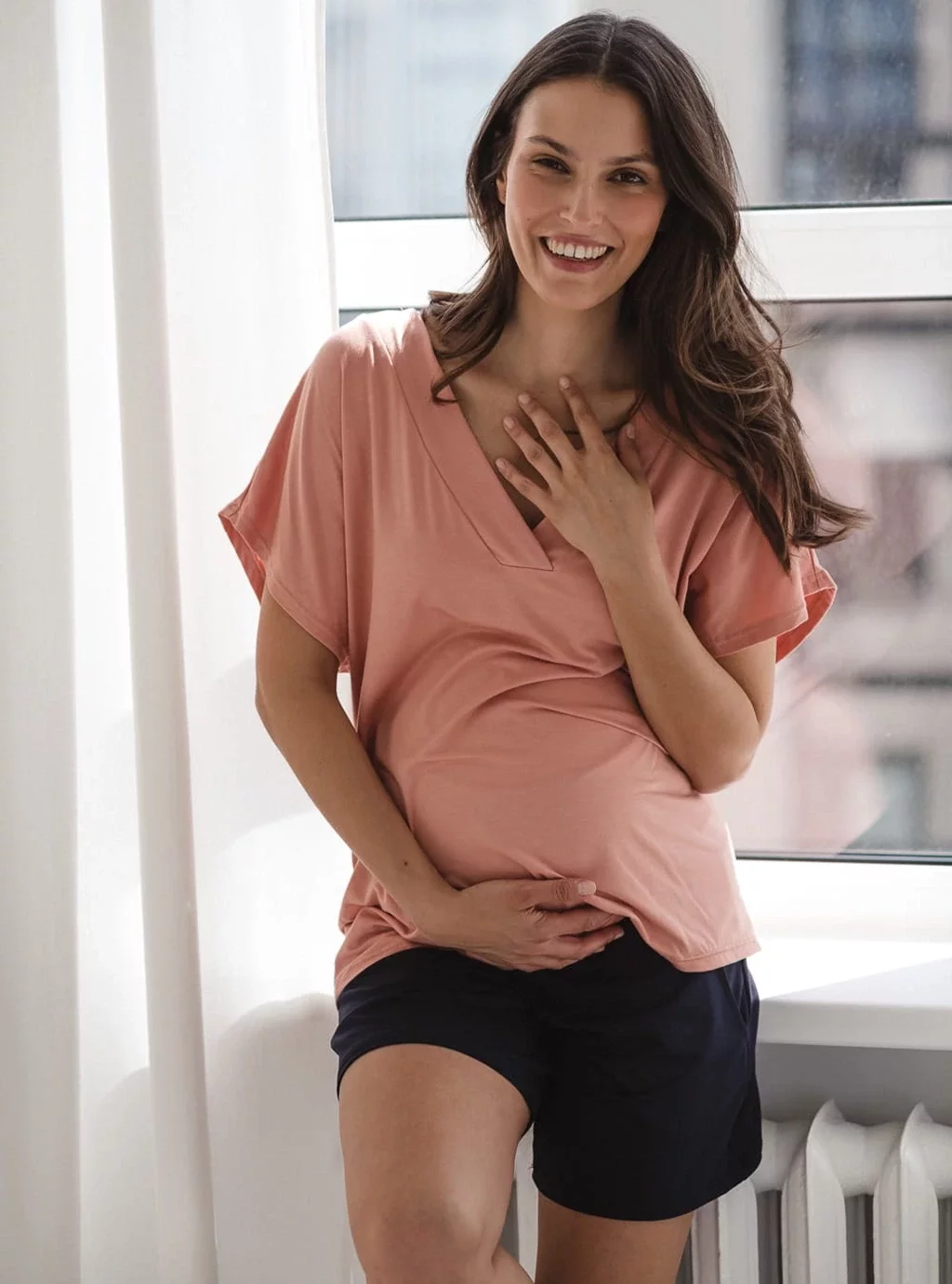 Bambusowa bluzka od piżamy ciążowej do karmienia krótki rękaw Moon herbaciana róża