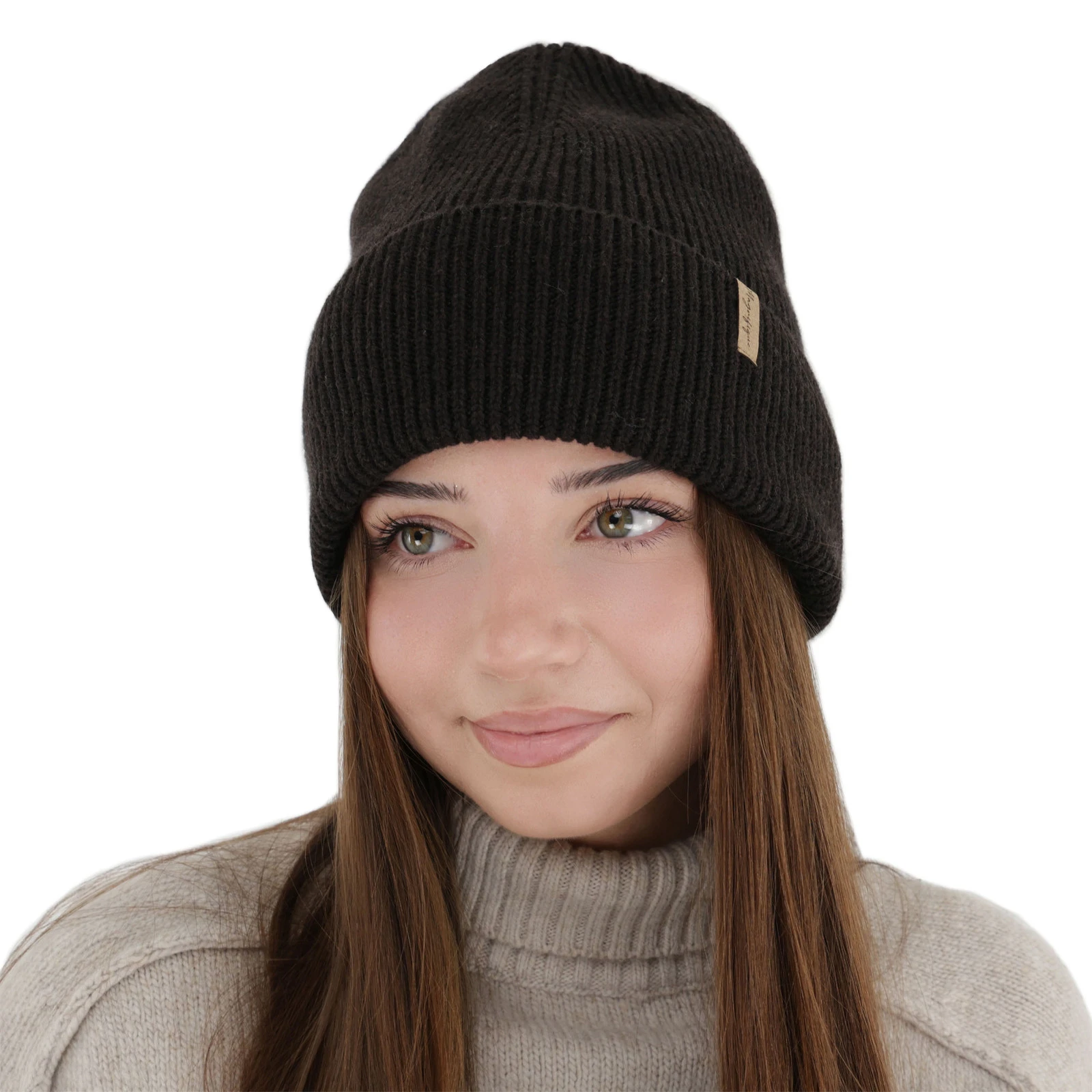 Czapka zimowa damska, ciemnobrązowa, wełna merino z kaszmirem, Lomi