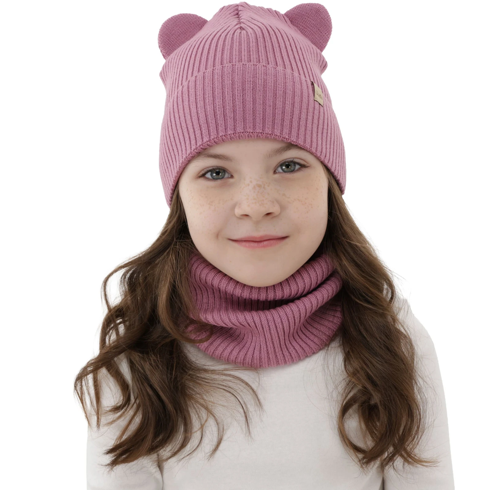 Czapka i komin dla dziewczynki jesienny, wiosenny komplet, wrzosowy, 100% wełniana merino Belira