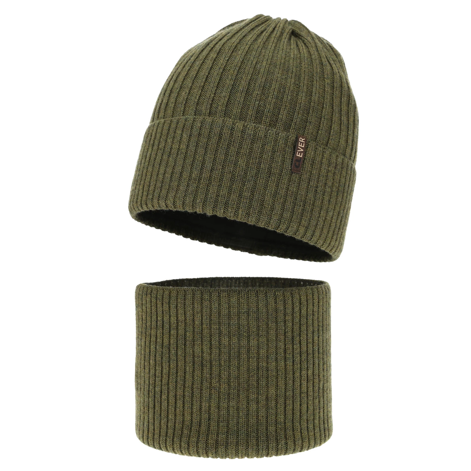 Czapka i komin dla chłopca, zimowy komplet, khaki, 100% wełniany merino, Gizmo