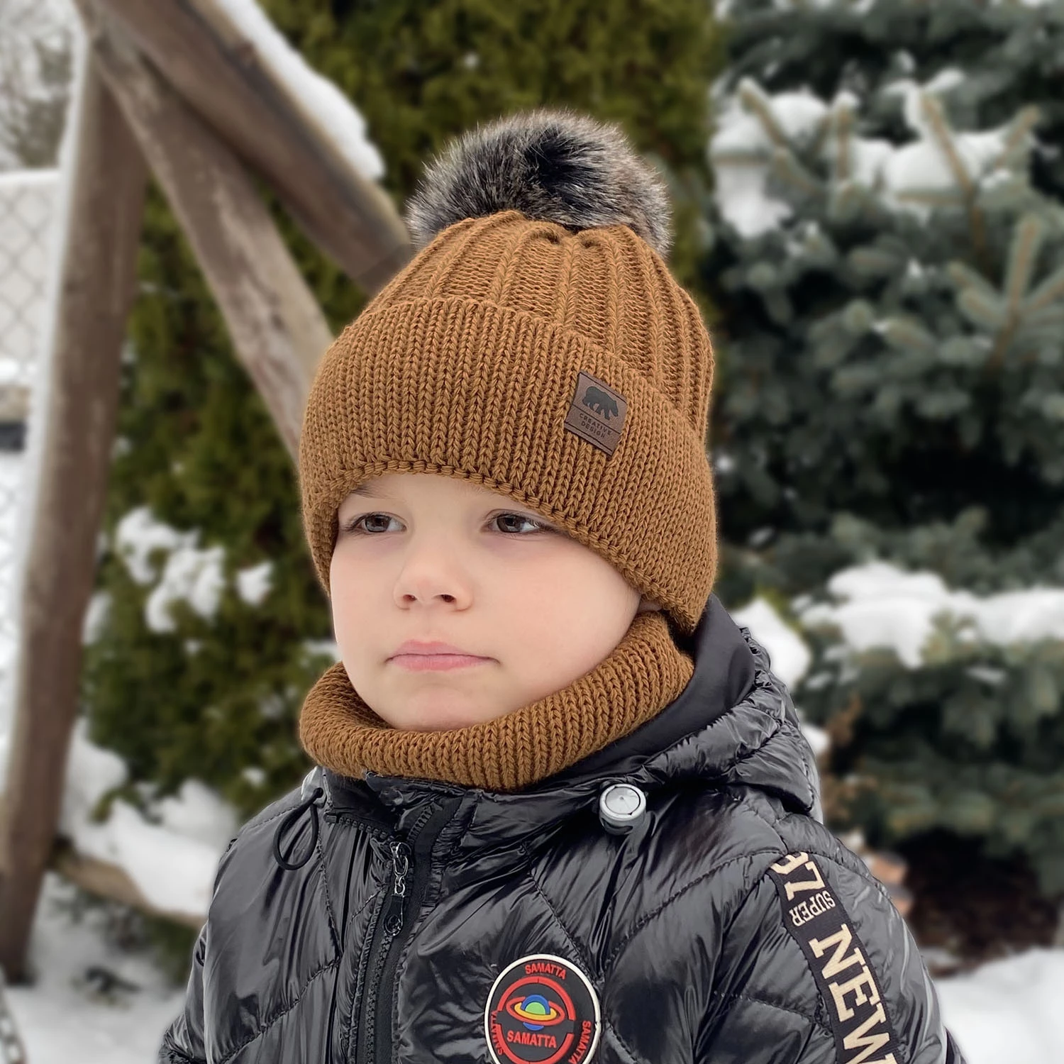 Czapka i komin dla chłopca zimowy komplet, niebieski, z pomponem Havier
