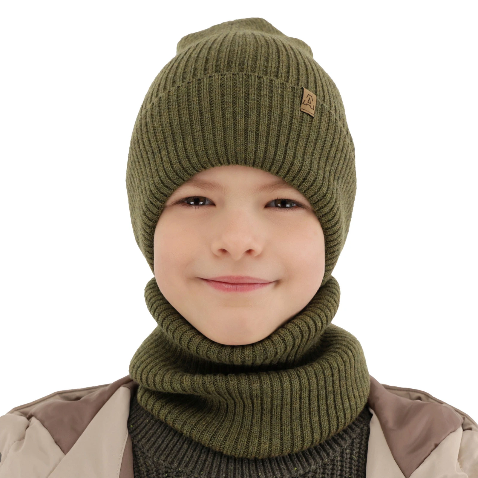 Czapka i komin dla chłopca jesienny, wiosenny komplet, brązowy, 100% wełniany merino Lemas