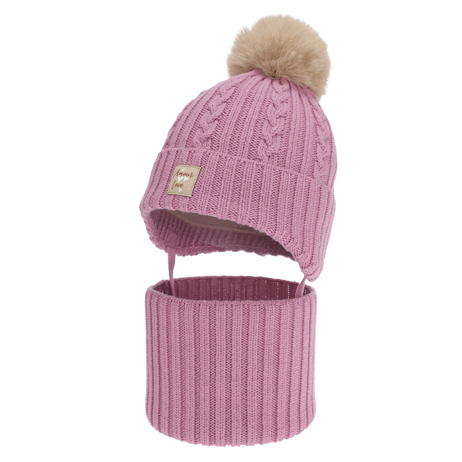 Czapka i komin dla dziewczynki, zimowy komplet, wrzosowy, 100% wełniany merino, z pomponem Vratna