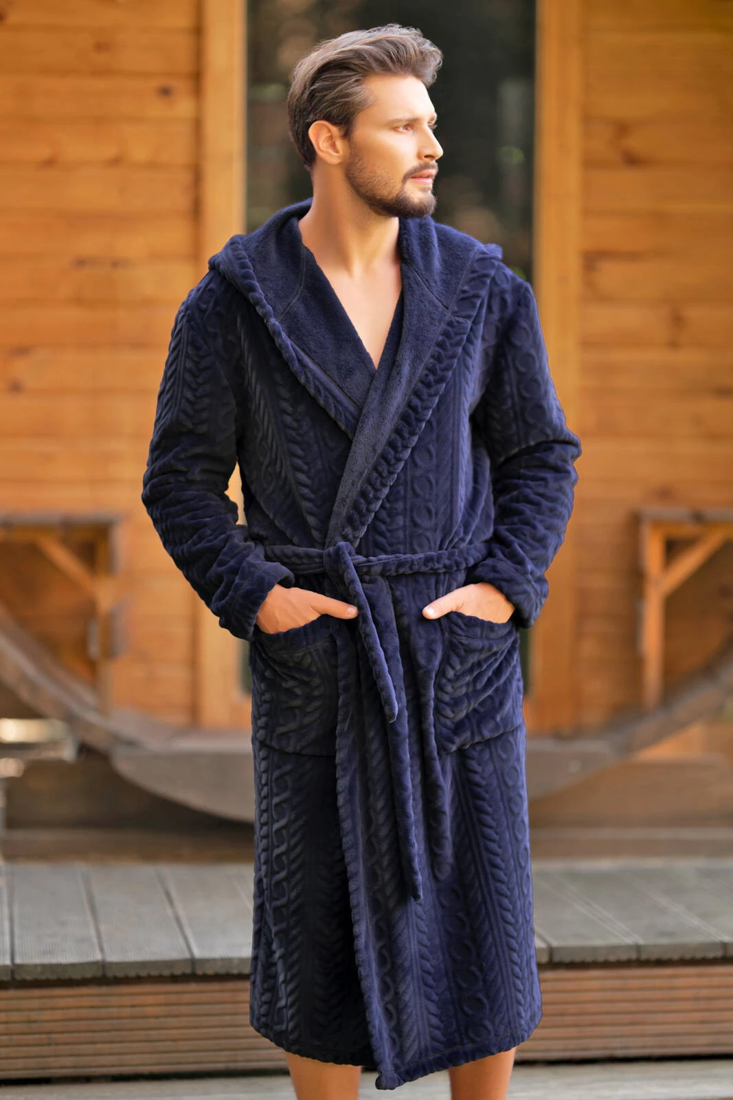 Zygmunt szlafrok męski długi rękaw granatowy