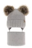 Czapka i komin dla dziewczynki zimowy komplet, szary, wiązany, 100% wełniany merino, z dwoma pomponami Silvia