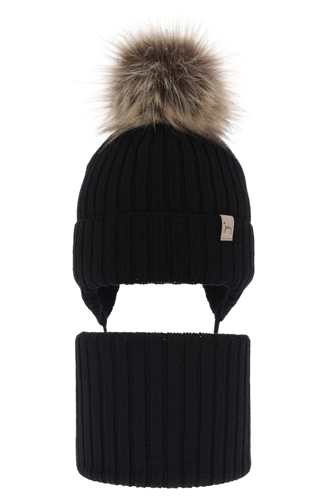 Czapka i komin dla dziewczynki zimowy komplet, czarny, wiązany, 100% wełniany merino Junika