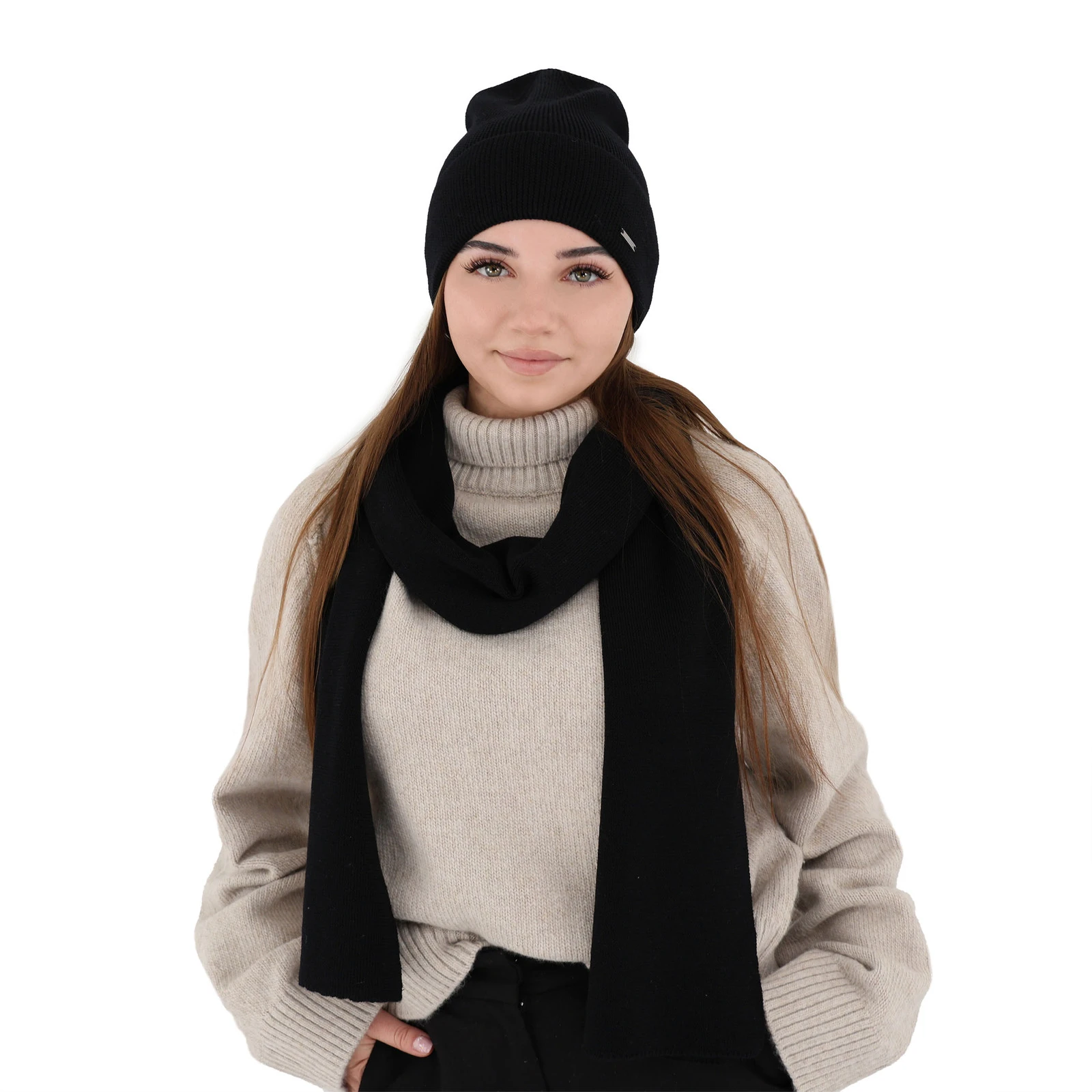 Czapka i szalik damski zimowy komplet, czarny, 100% wełniany merino Melpomena