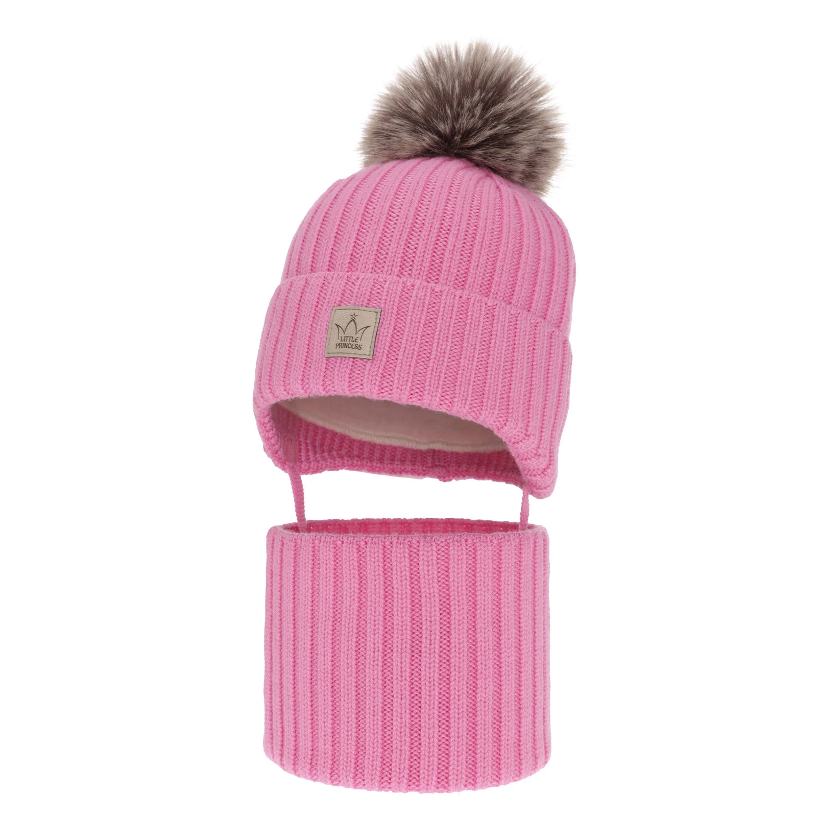 Czapka i komin dla dziewczynki zimowy komplet, różowy, 100% wełniany merino, podszyty wełnianym polarem Martina