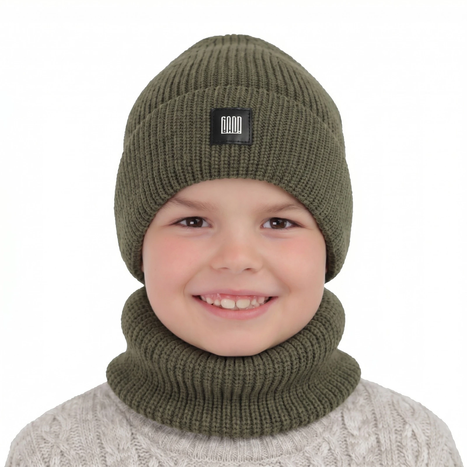 Czapka i komin dla chłopca zimowy komplet, khaki Amadeo