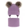 Czapka i komin dla dziewczynki zimowy komplet, fioletowy, wiązany, 100% wełniany merino, z dwoma pomponami Silvia