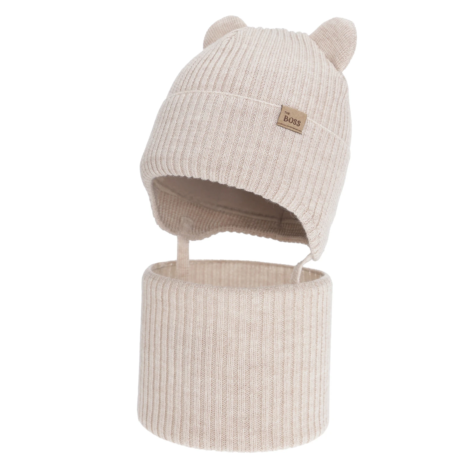 Czapka i komin dla chłopca zimowy komplet, beżowy, 100% wełniany merino, podszyty bawełną, Flurix