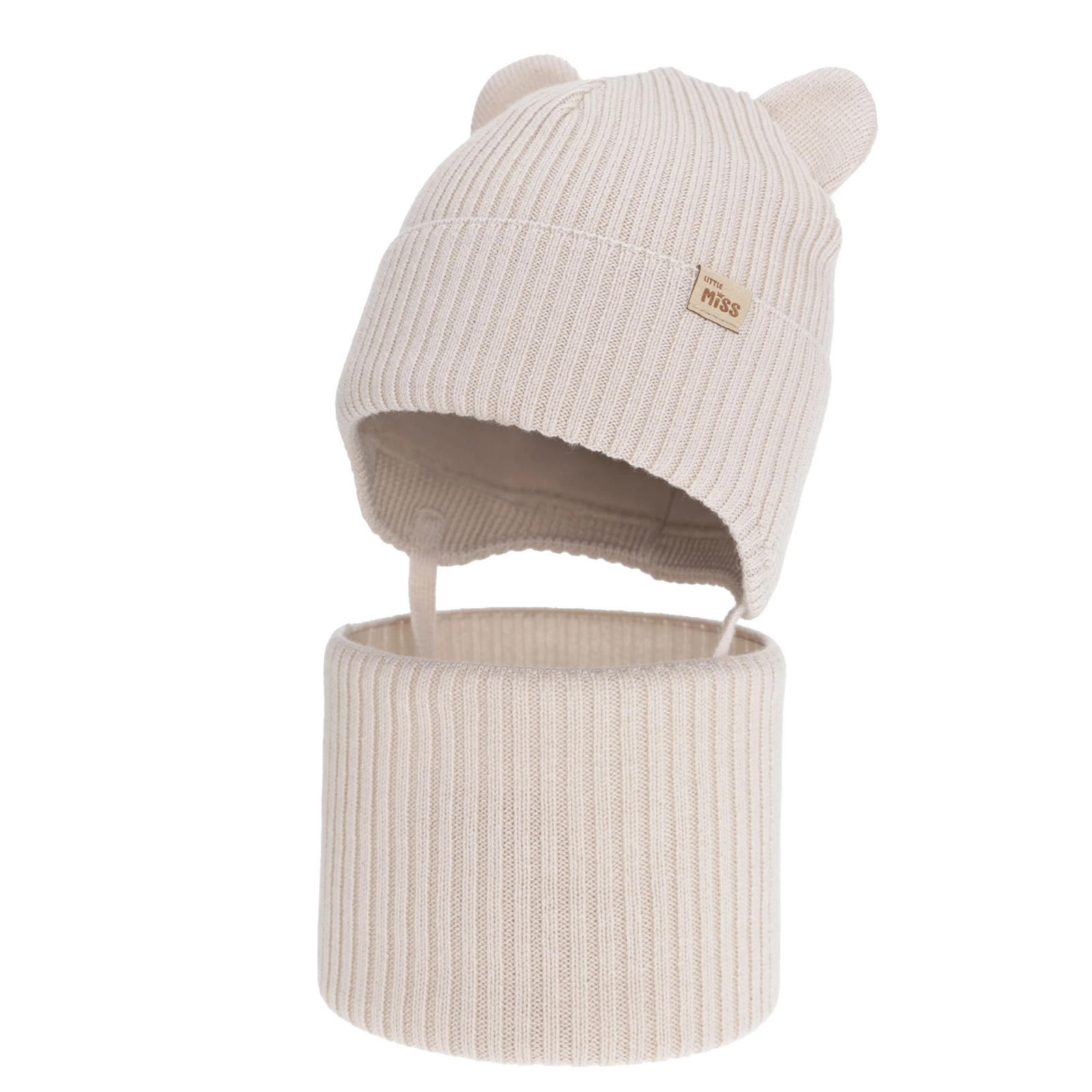 Czapka i komin dla dziewczynki zimowy komplet, beżowy, 100% wełniany merino, podszyty bawełną, Frosta