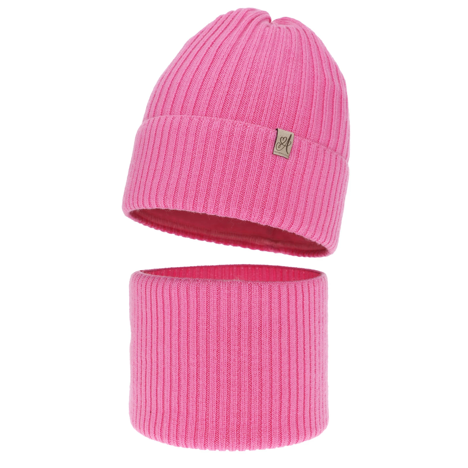 Czapka i komin dla dziewczynki, zimowy komplet, różowy, 100% wełniany merino, Patricia