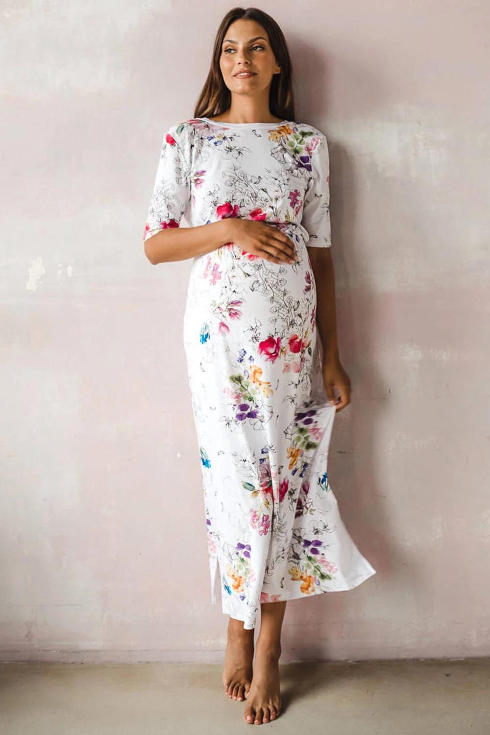 Sukienka ciążowa i do karmienia Two Ways LONG biała w kolorowe kwiaty