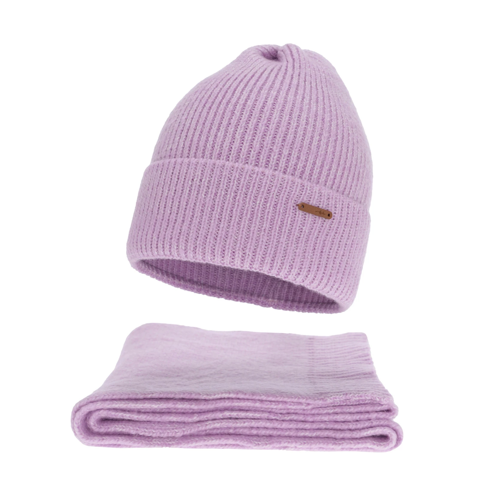 Czapka i szalik damski, zimowy komplet, fioletowy, z wełną merino, Seala