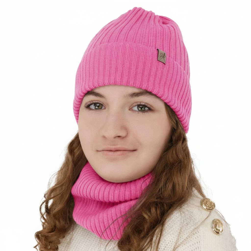 Czapka i komin dla dziewczynki, zimowy komplet, różowy, 100% wełniany merino, Patricia
