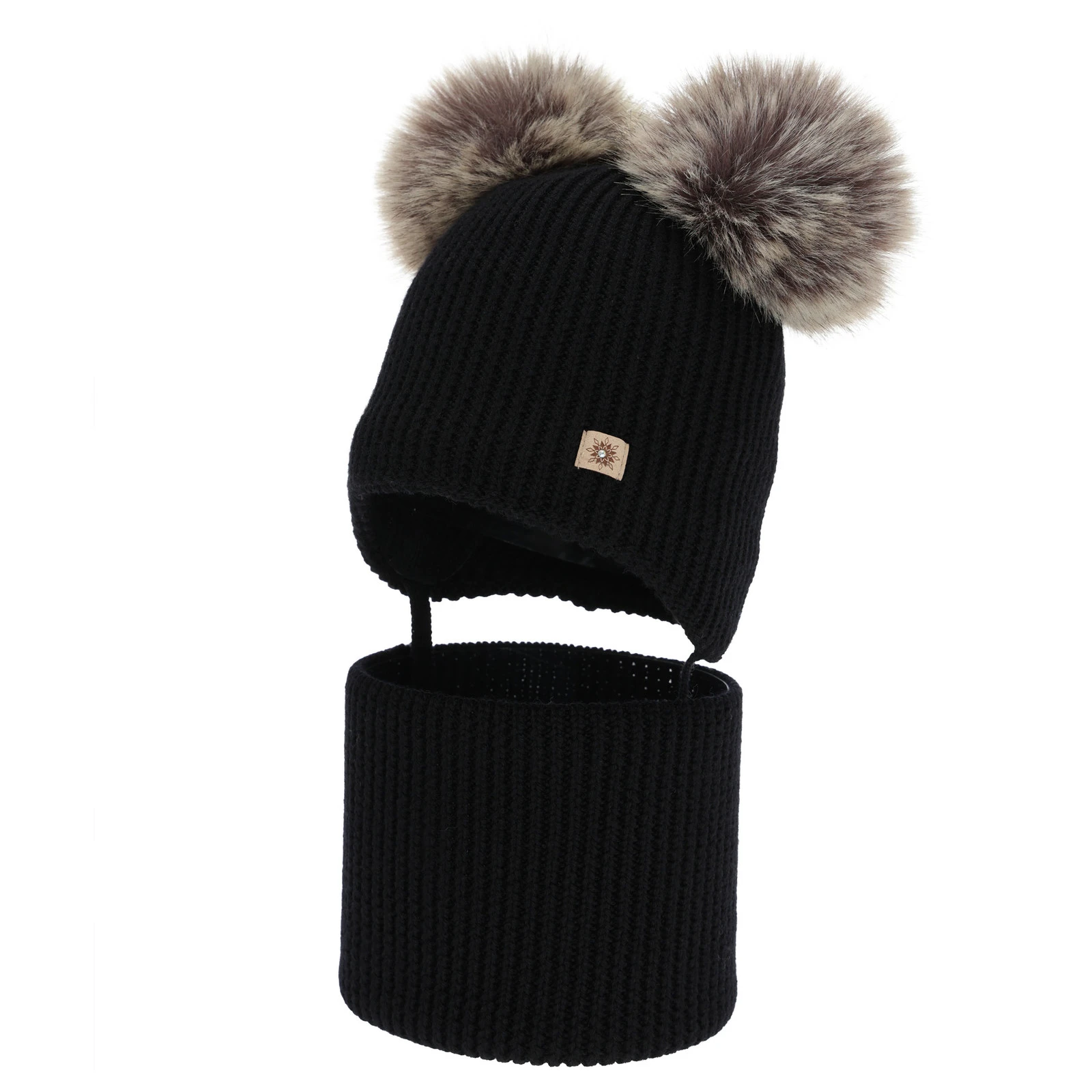 Czapka i komin dla dziewczynki, zimowy komplet, czarny, 100% wełniany merino, podszyty polarem wełnianym, Remika