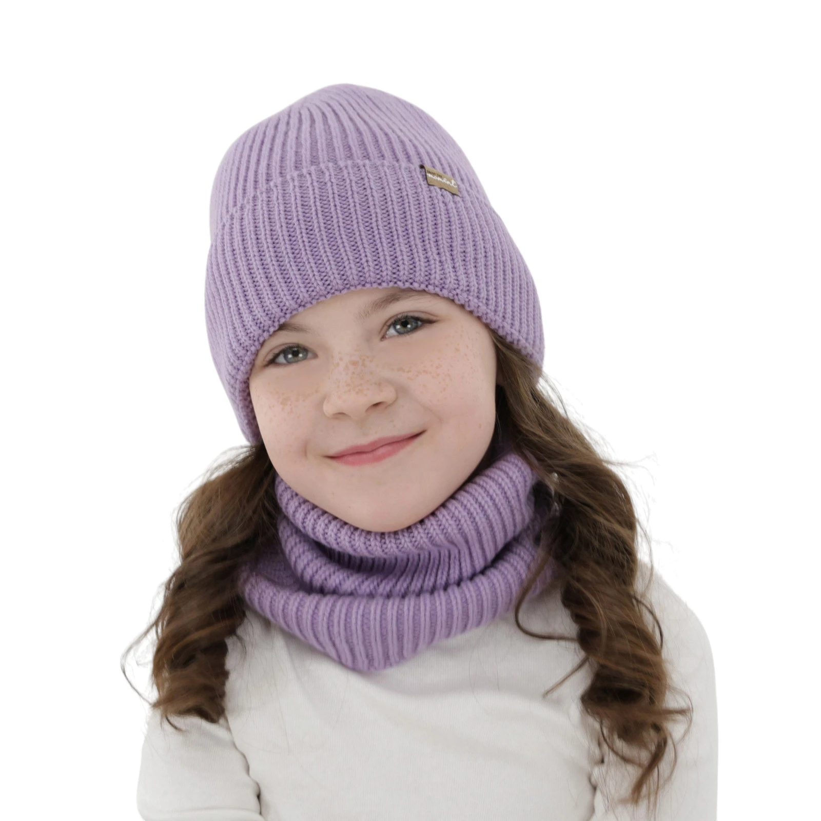 Czapka i komin dla dziewczynki, zimowy komplet, bezszwowy, fioletowy, 100% wełniany merino, Silena