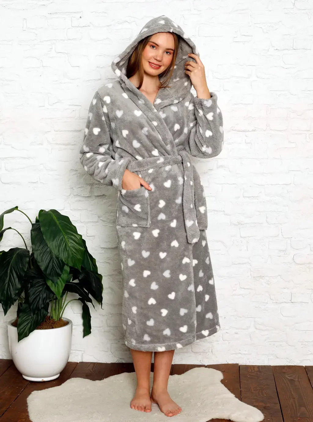 Szlafrok Damski Długi - Szary w białe serca