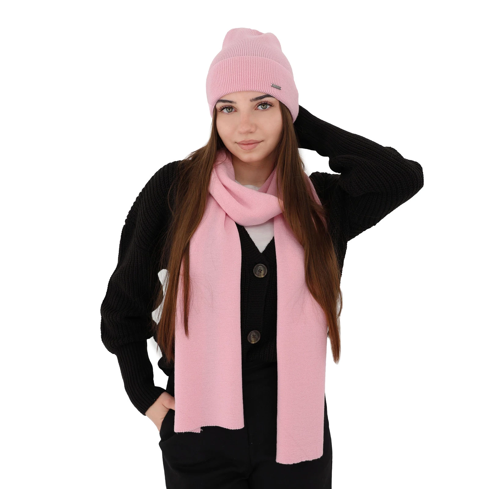Czapka i szalik damski zimowy komplet, jasnoróżowy, 100% wełniany merino Melpomena