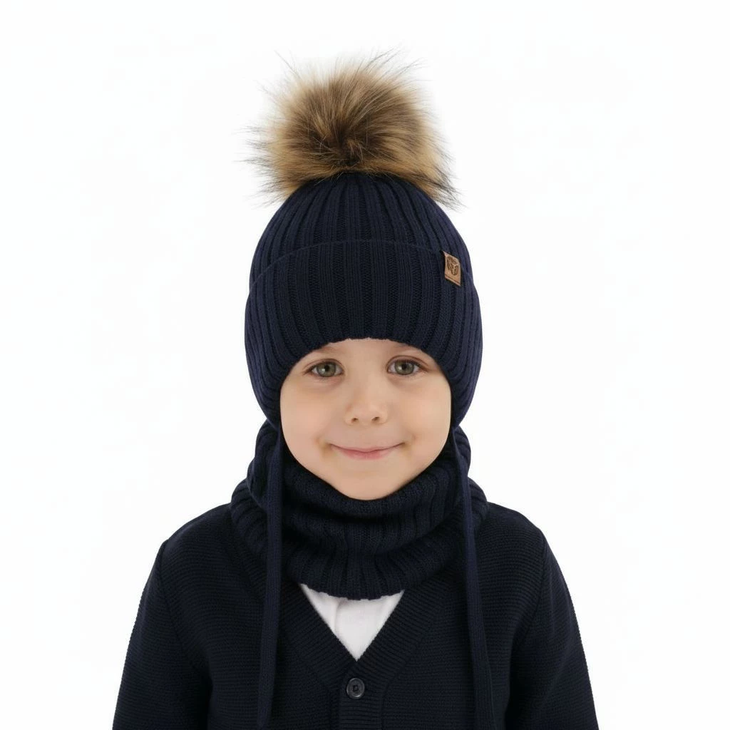 Czapka i komin dla chłopca zimowy komplet, granatowy, 100% wełniany merino, z pomponem Juno