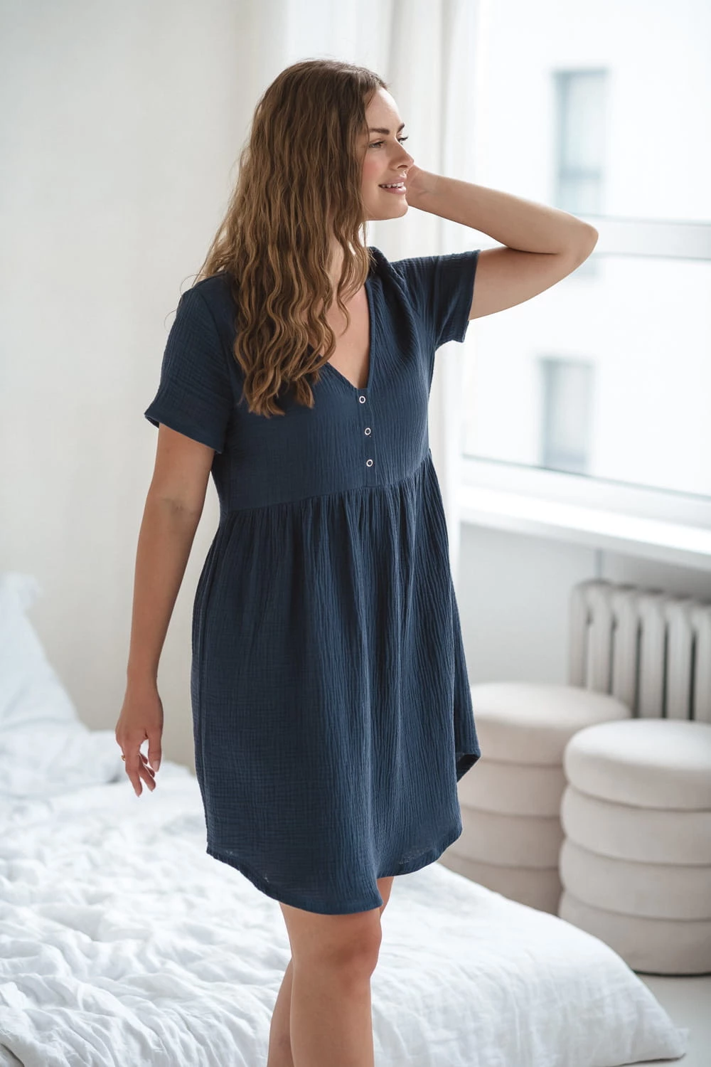 Muślinowa koszula nocna ciążowa do karmienia rozpinana Aurora blue jeans