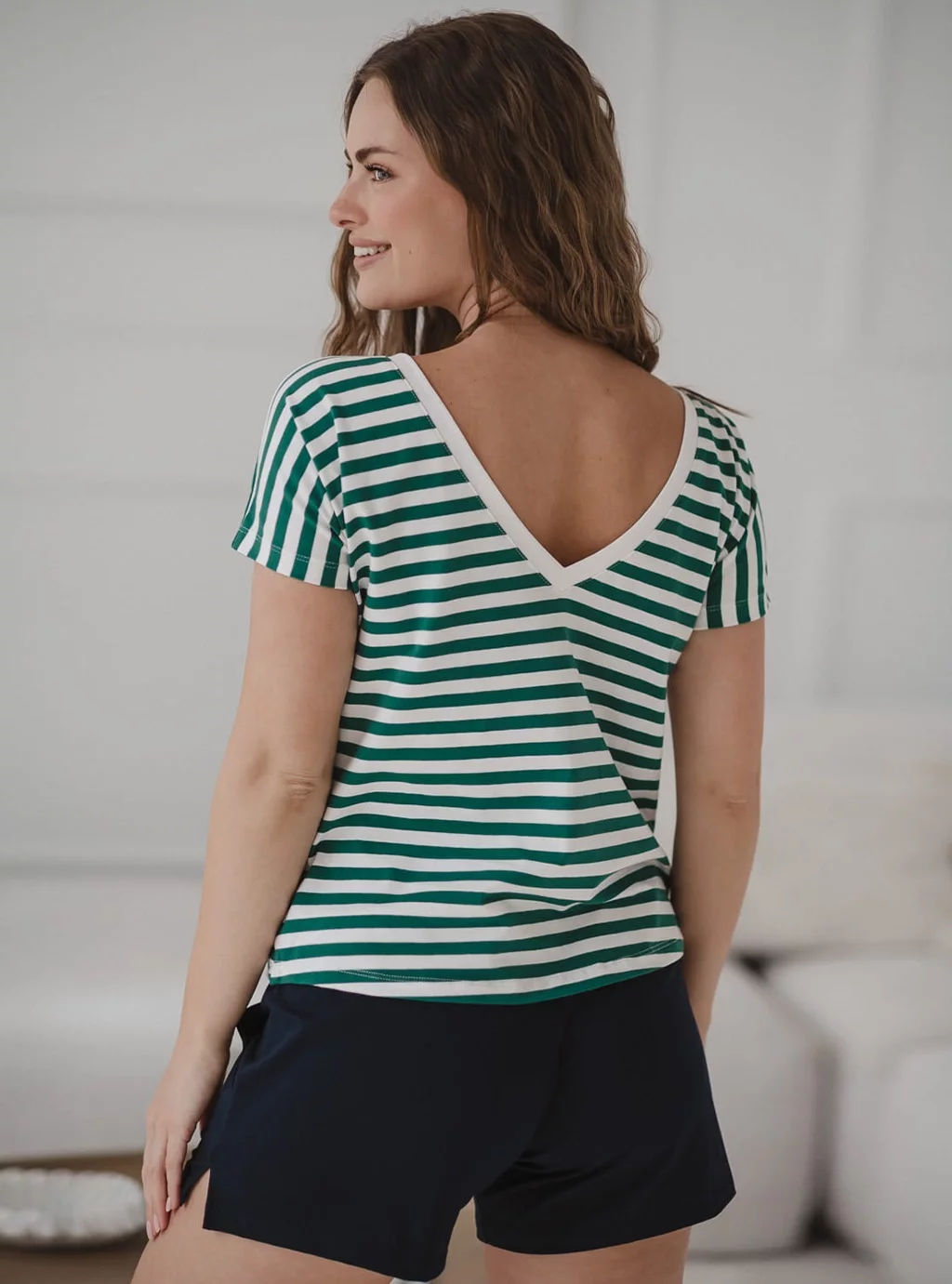 Dwustronna bluzka Two Ways w paski zielono-białe krótki rękaw