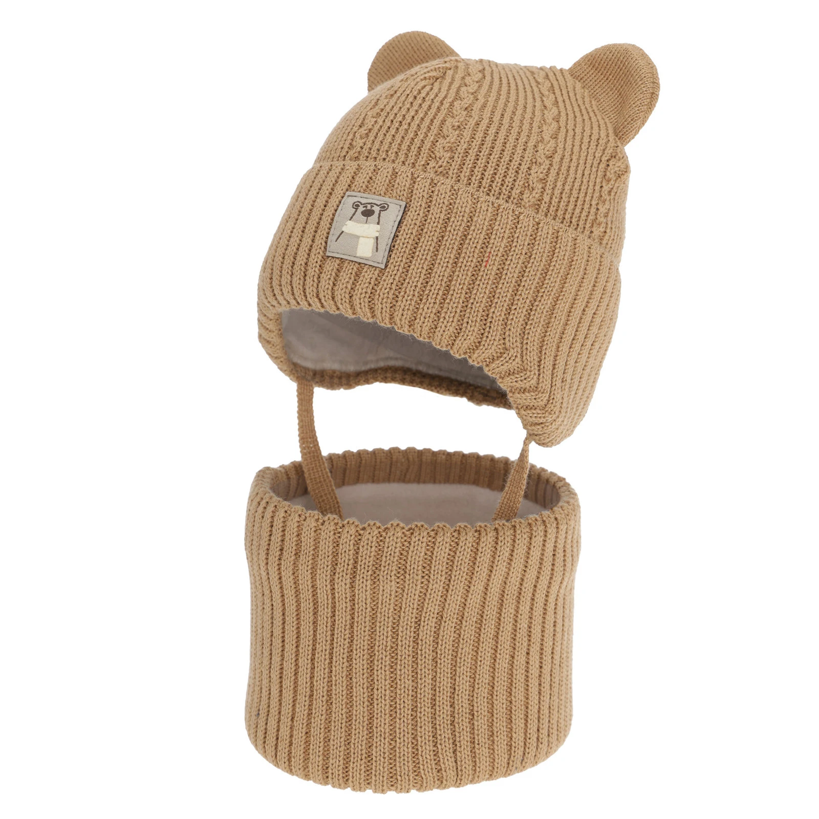 Czapka i komin dla chłopca zimowy komplet, camel, z wełną merino, wiązany Velaro