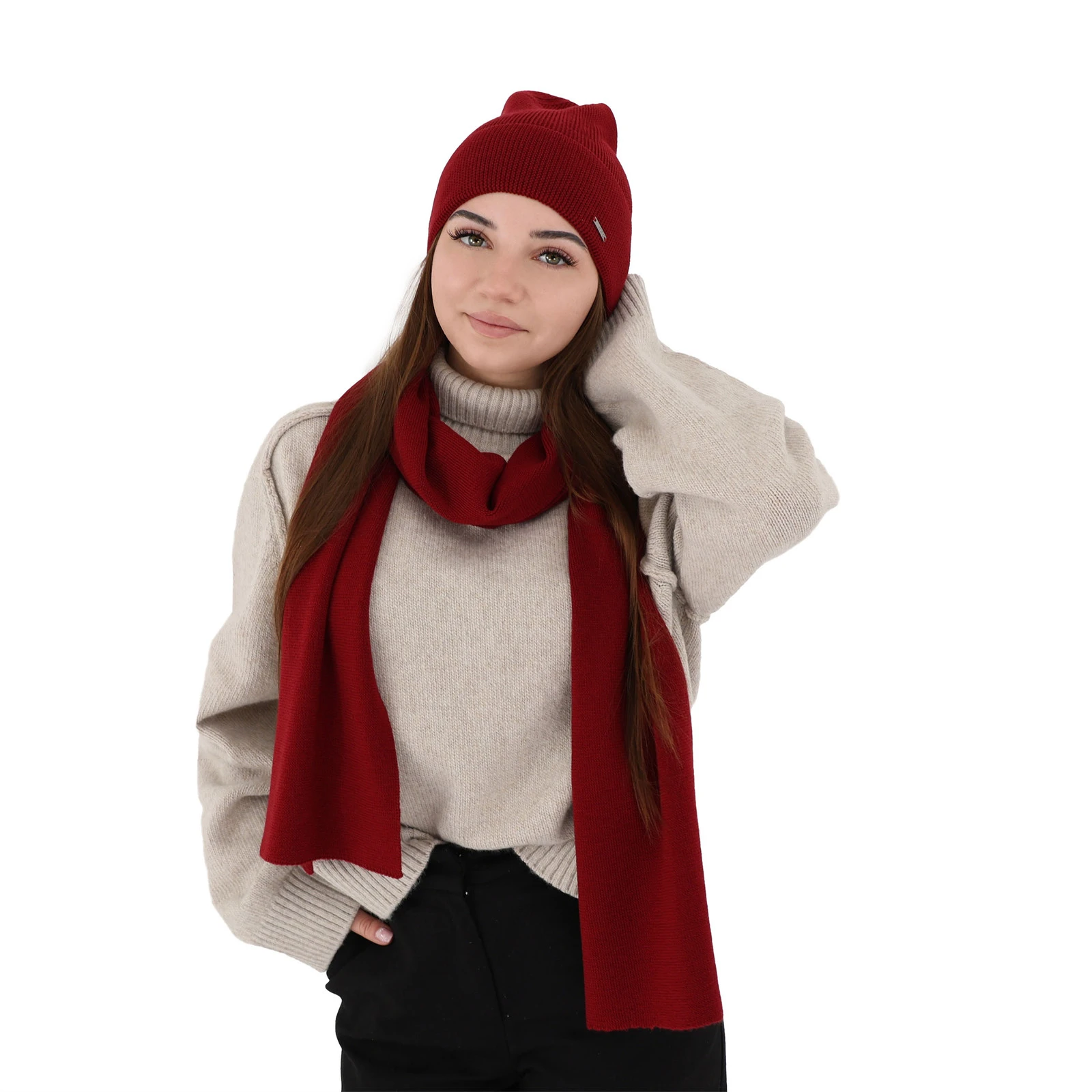 Czapka i szalik damski zimowy komplet, jasnoróżowy, 100% wełniany merino Melpomena