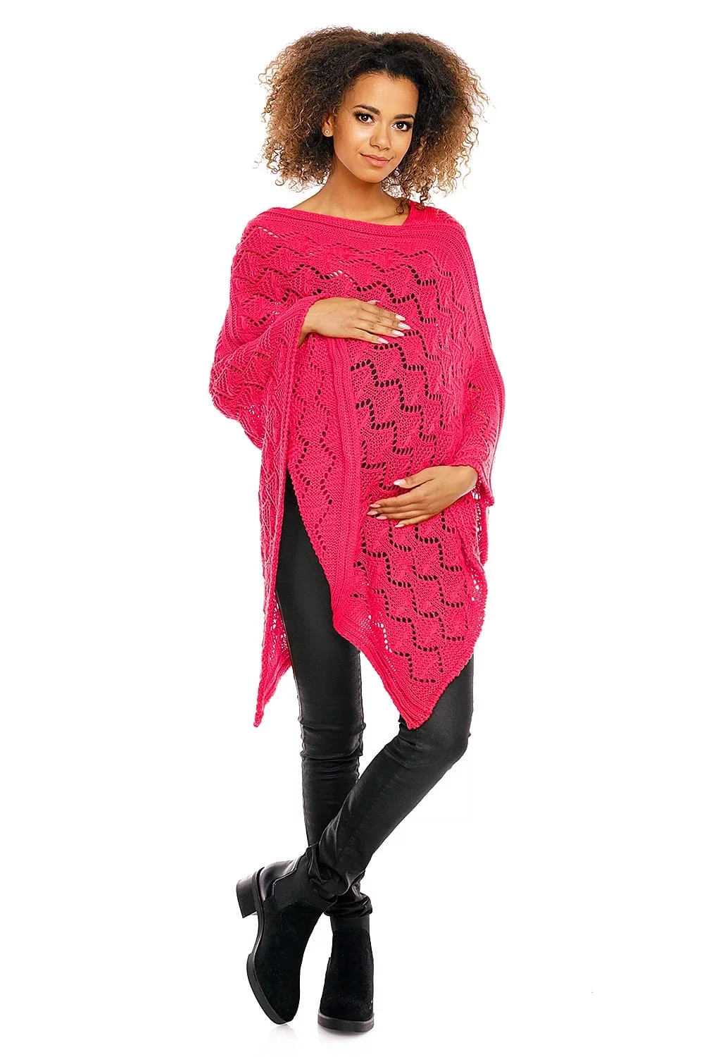 ELEGANCKIE AŻUROWE PONCHO CIEPLUTKIE AMARANT