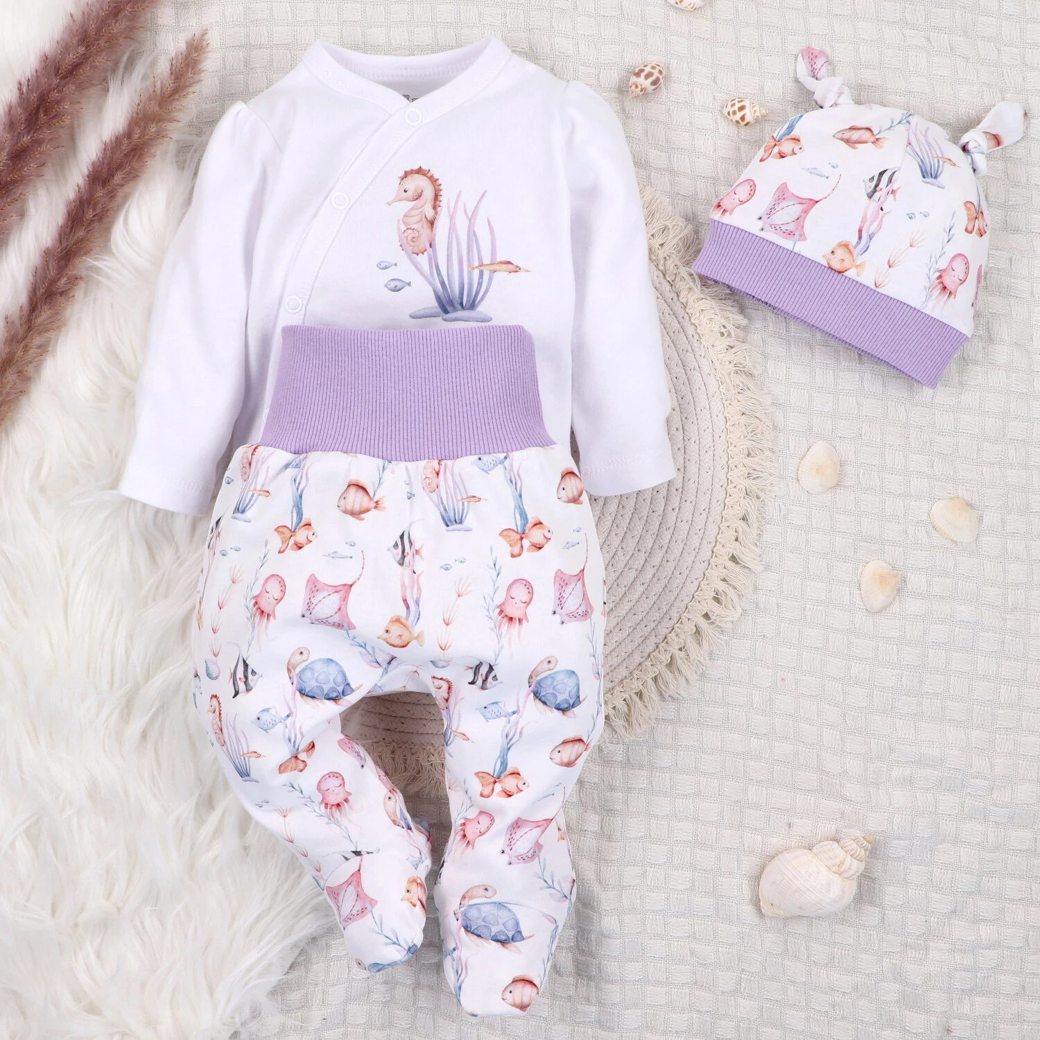 Body Kopertowe Z Długim Rękawem Underwater World Z Bawełny Organicznej Konik Morski Biały