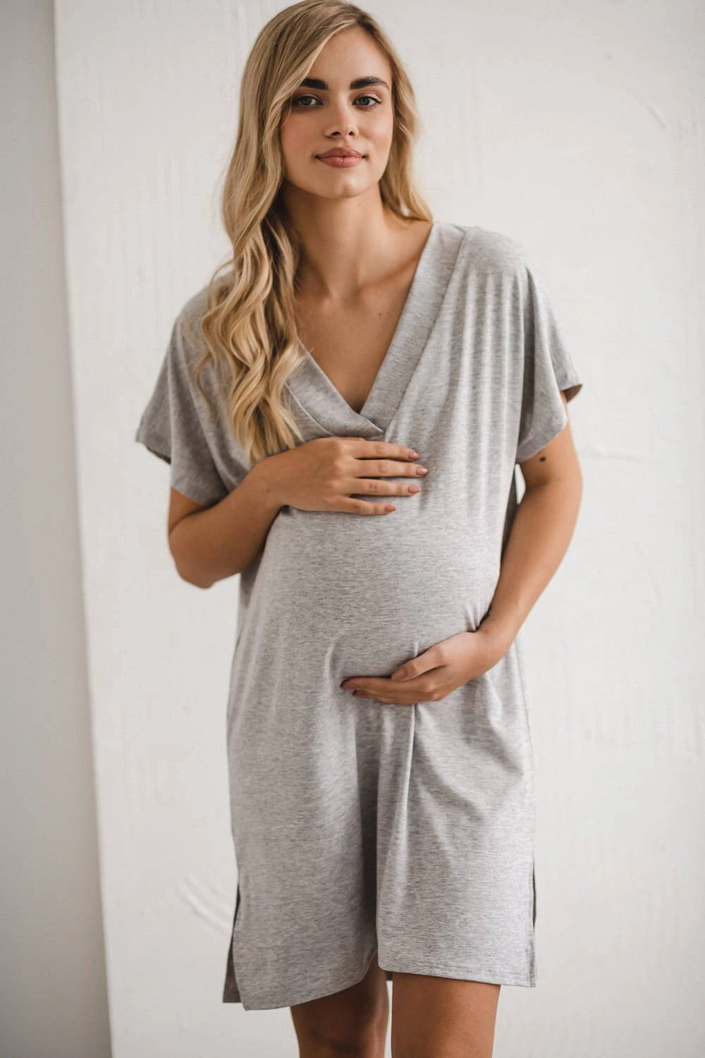 Wiskozowa koszula nocna ciążowa i do karmienia Moon jasny szary melanż