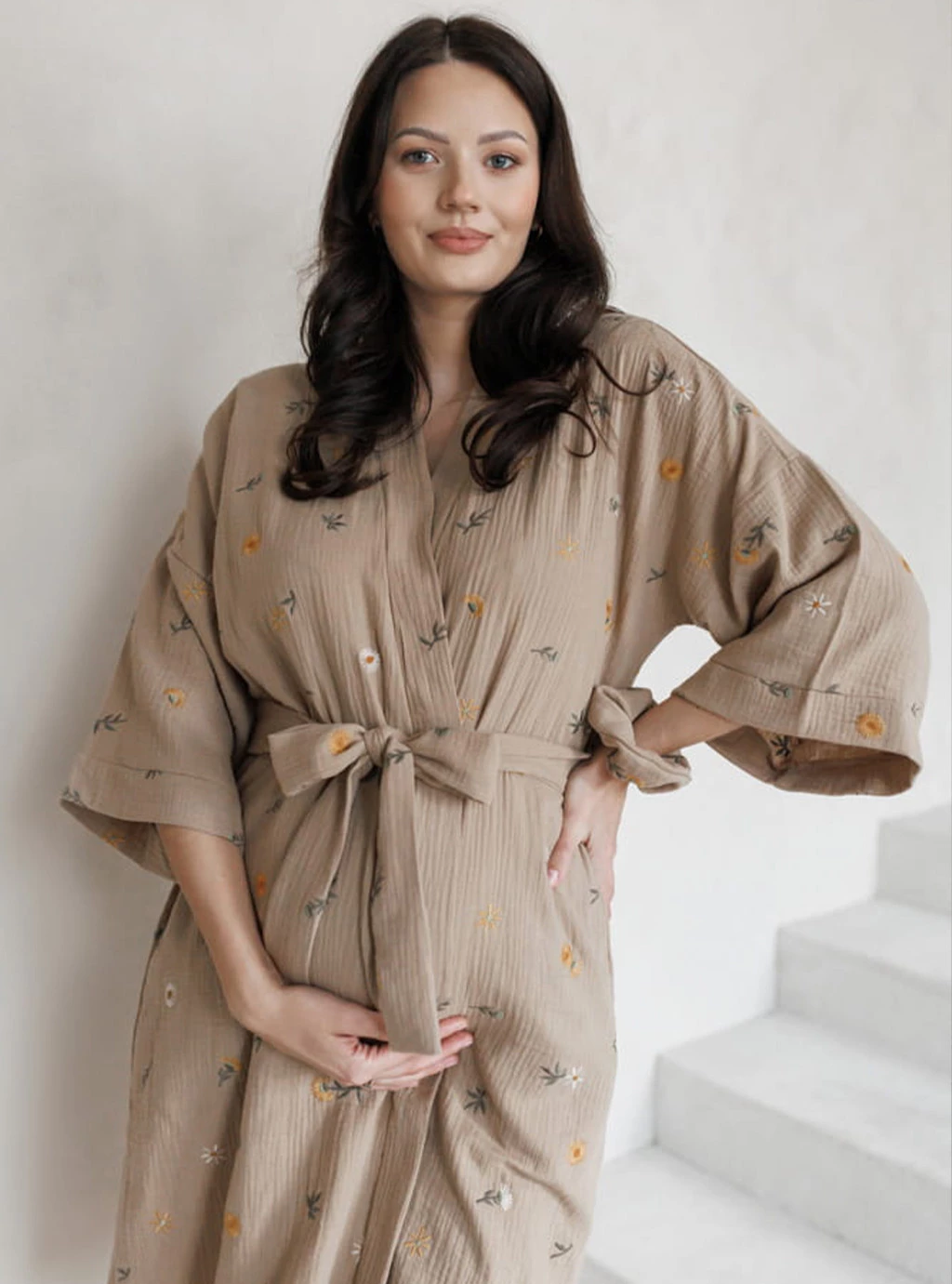 Szlafrok kimono ciążowe z muślinu HERBAL LATTE