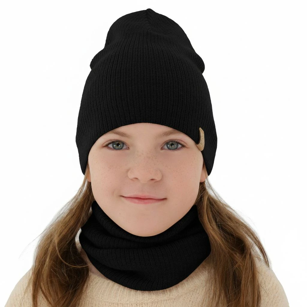 Czapka i komin dla dziewczynki jesienny, wiosenny komplet, czarny, 100% wełniany merino Ricona
