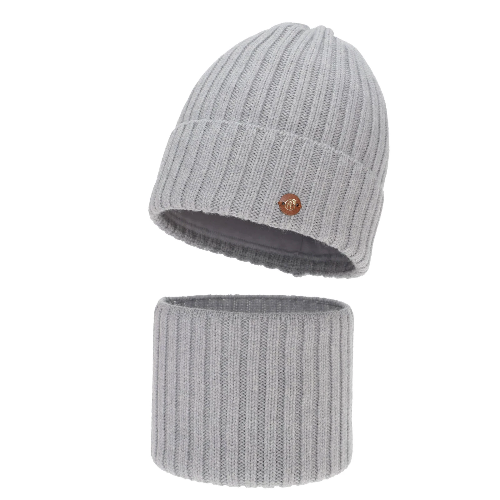 Czapka i komin dla dziewczynki zimowy komplet, szary, 100% wełniany merino, podszyty bawełną Vanira