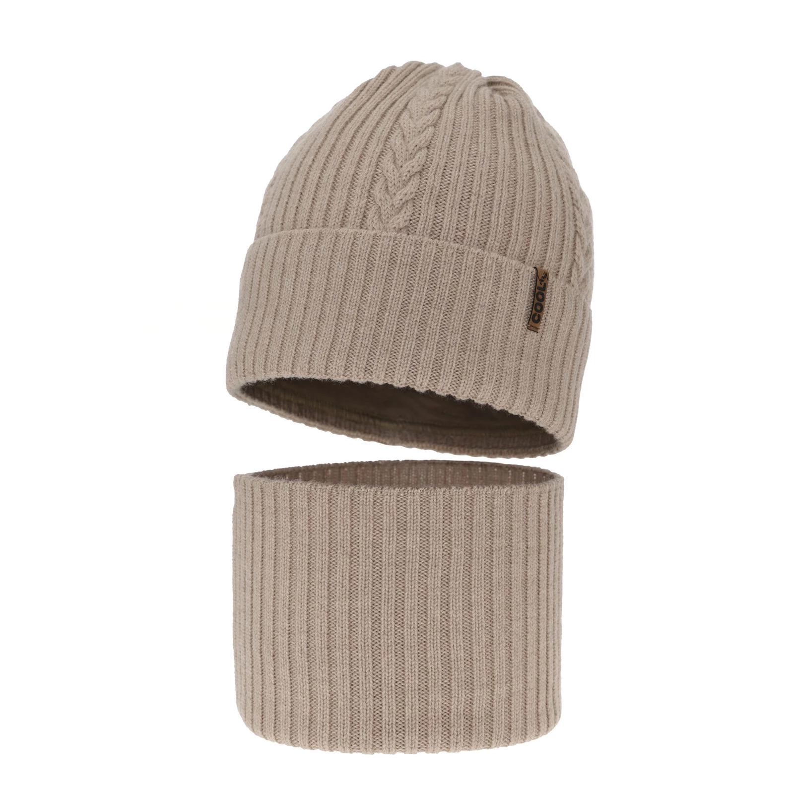 Czapka i komin dla chłopca zimowy komplet, beżowy, 100% wełniany merino Wilson
