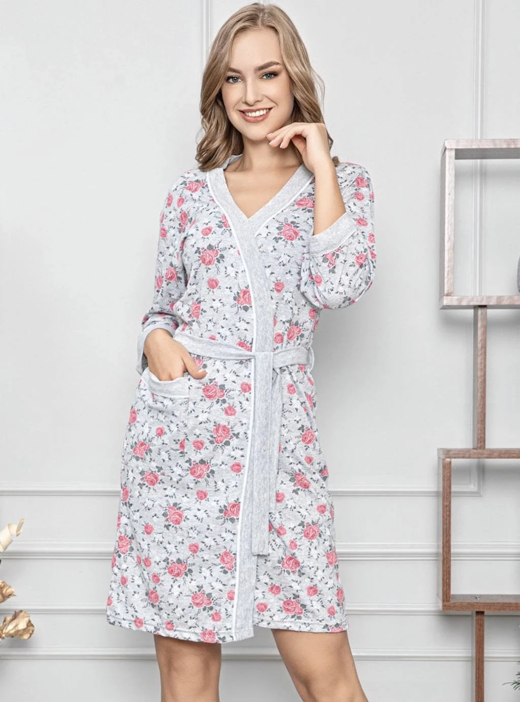 Szlafrok Damski - Szary w róże