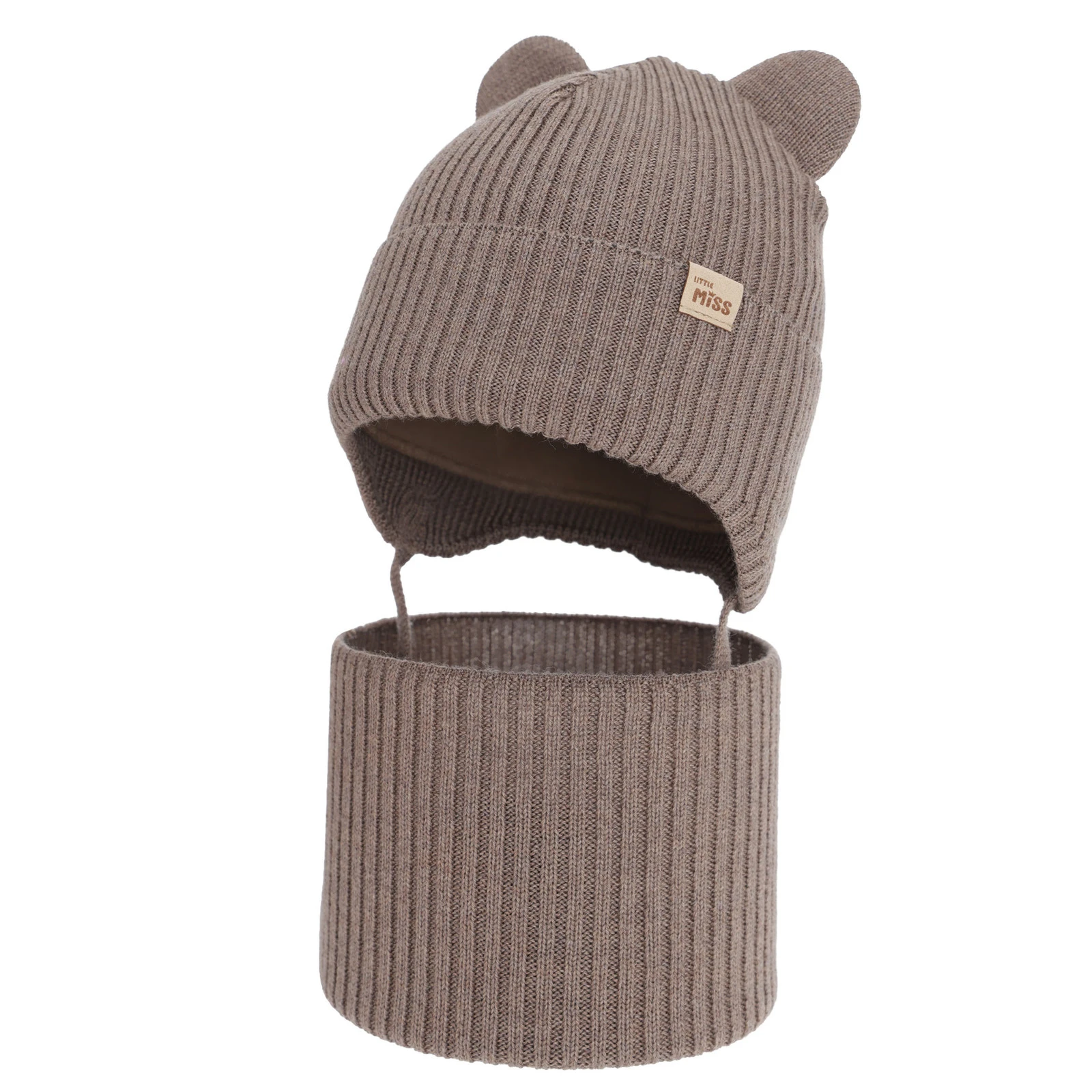 Czapka i komin dla dziewczynki zimowy komplet, ciemnobeżowy, 100% wełniany merino, podszyty bawełną, Frosta