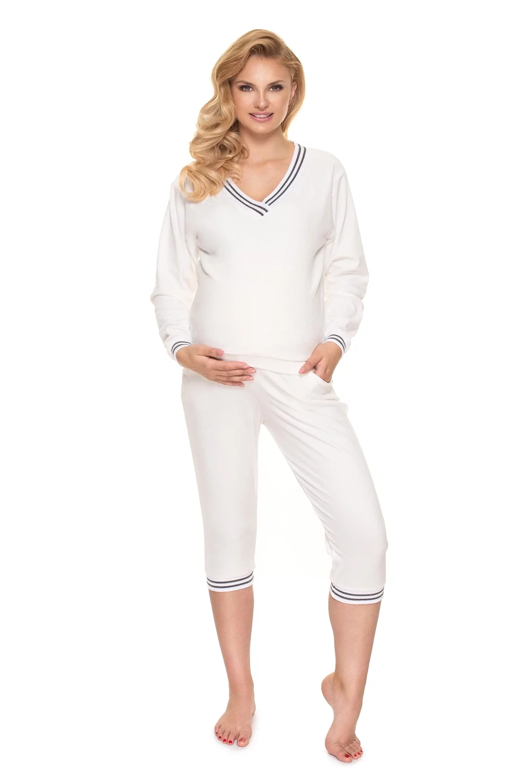 CIĄŻOWE DRESY WELUROWE PIŻAMA SPODENIE 3/4 KREM