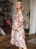 Sukienka ciążowa i do karmienia Lovely Dress Midi rękaw 3/4 łososiowa w kwiaty