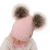 Czapka i komin dla dziewczynki zimowy komplet, fioletowy, wiązany, 100% wełniany merino, z dwoma pomponami Silvia