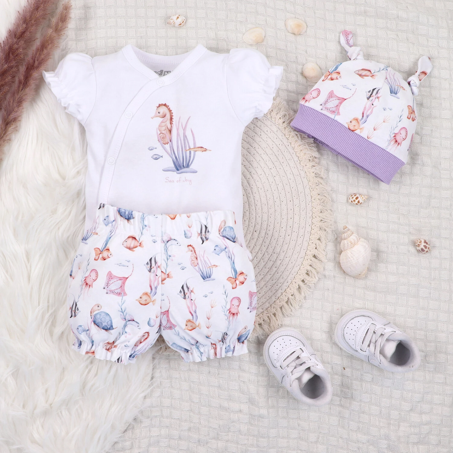 Szorty Niemowlęce Underwater World Z Bawełny Organicznej Podwodne Zwierzątka Biały